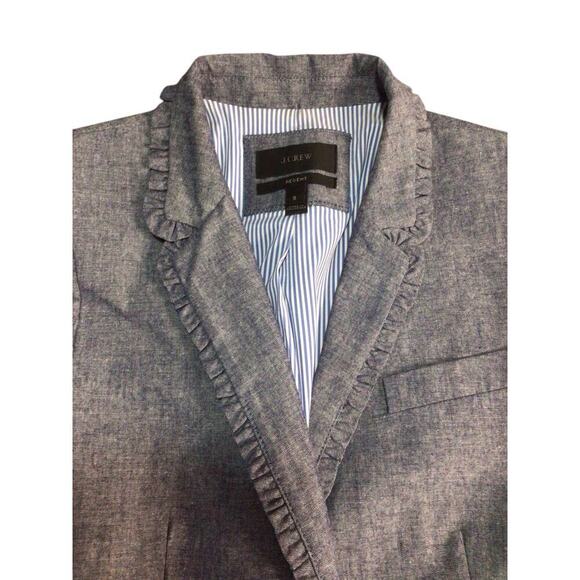 J. Crew Regent Blazer in Chambray w/Ruffle Trim Blue Cotton Outer Womens Size 8 - Picture 7 of 12